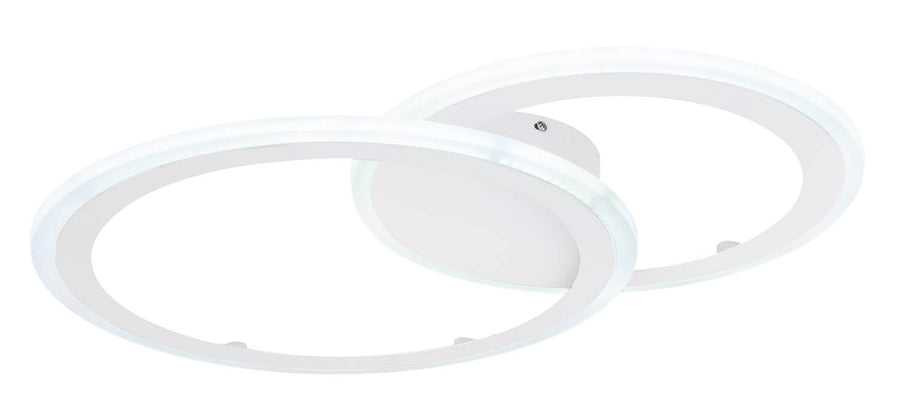 Luminaire plafond double anneau, LED blanc froid allumée, vue de biais, fond blanc neutre.