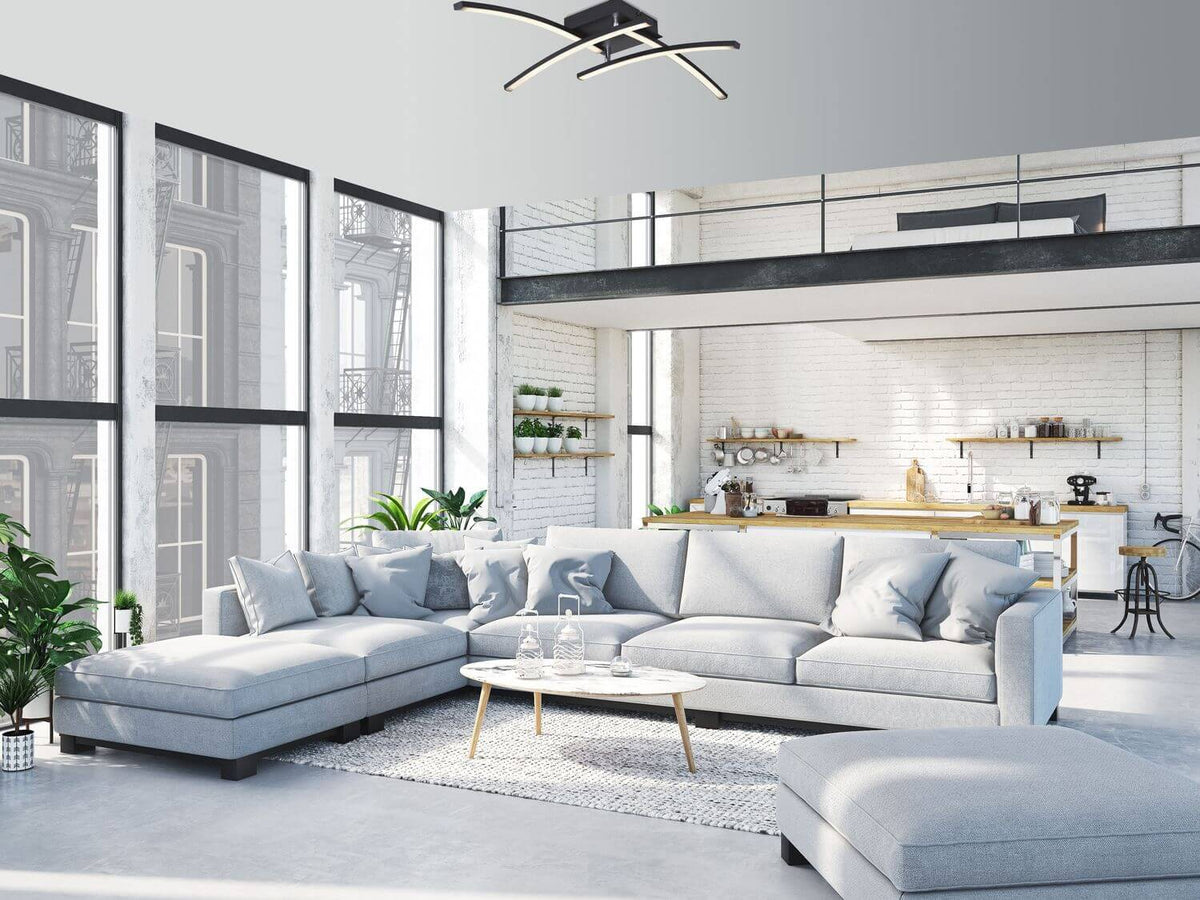 Mise en ambiance dans un salon contemporain, luminaire fixé au plafond