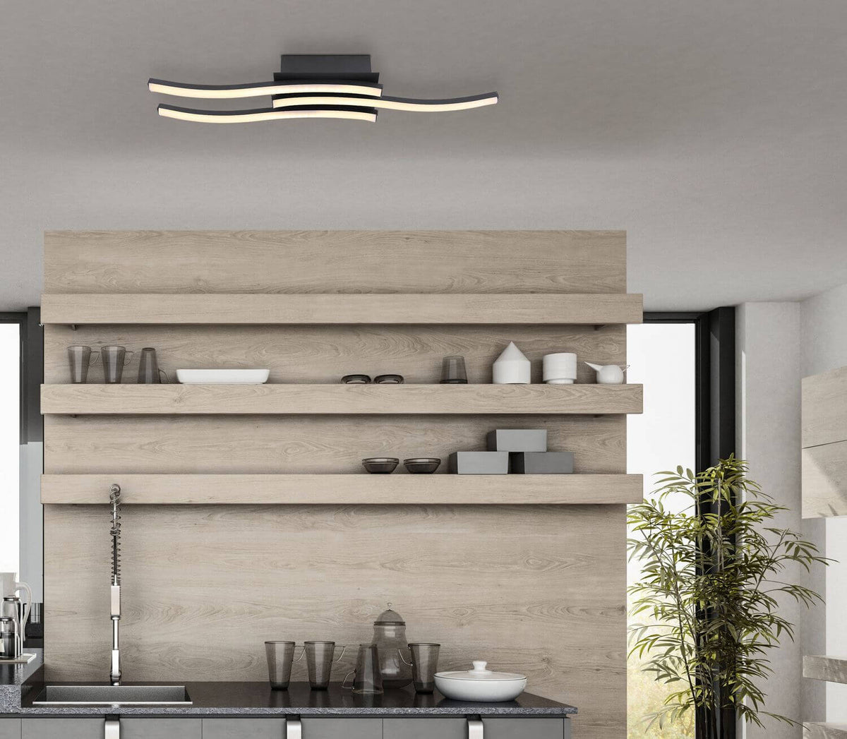 Mise en ambiance cuisine moderne avec plafonnier noir mat fixé au plafond