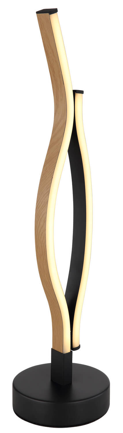Vue de face de la lampe à poser torsadée noire et bois, fond blanc.