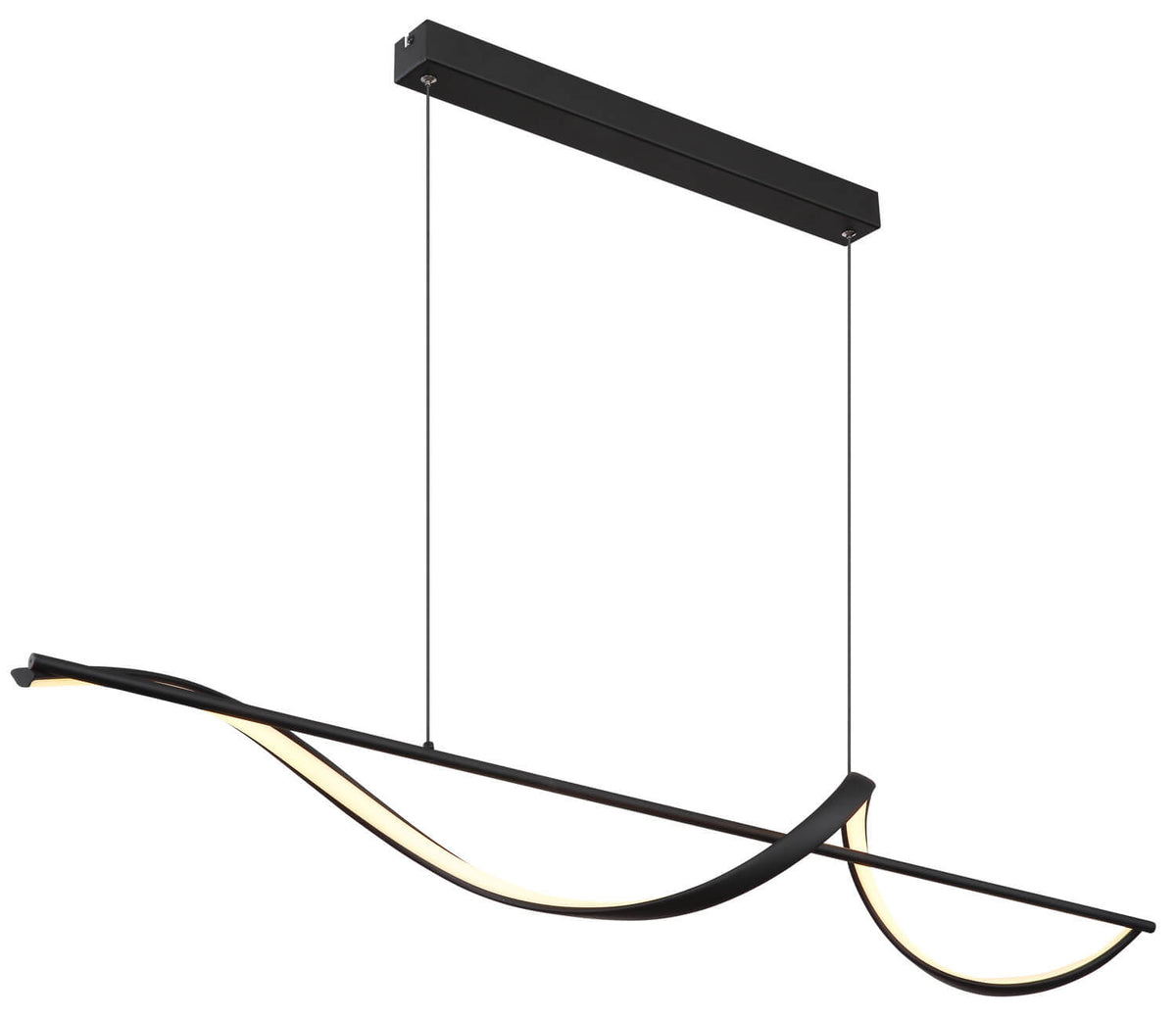 Vue de trois quarts sur fond blanc du luminaire suspendu noir mat avec structure ondulée.