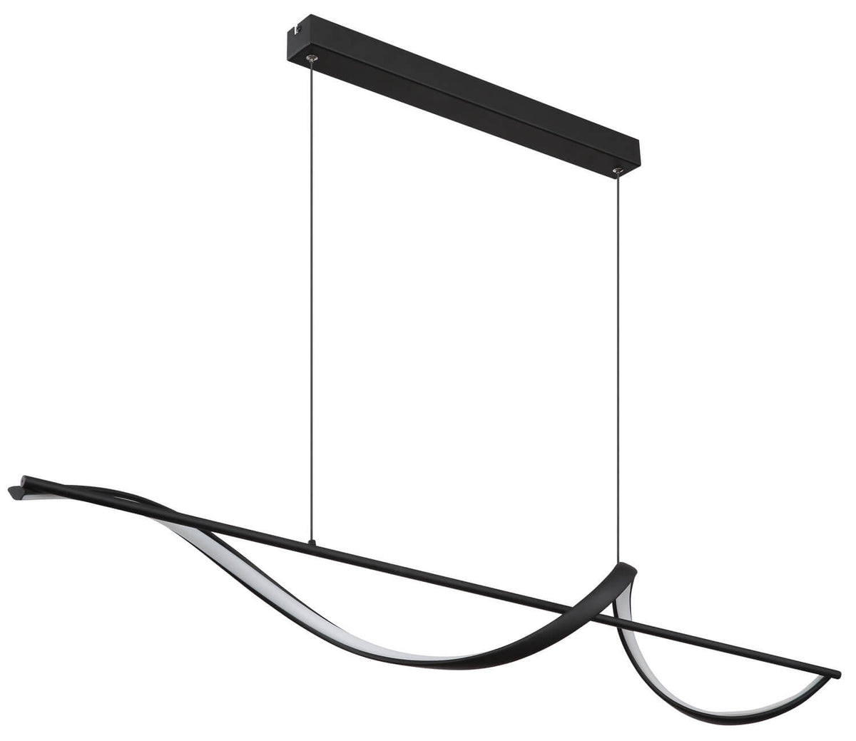 Autre vue produit sur fond blanc, suspension noire aux courbes sinueuses et LED intégrée.