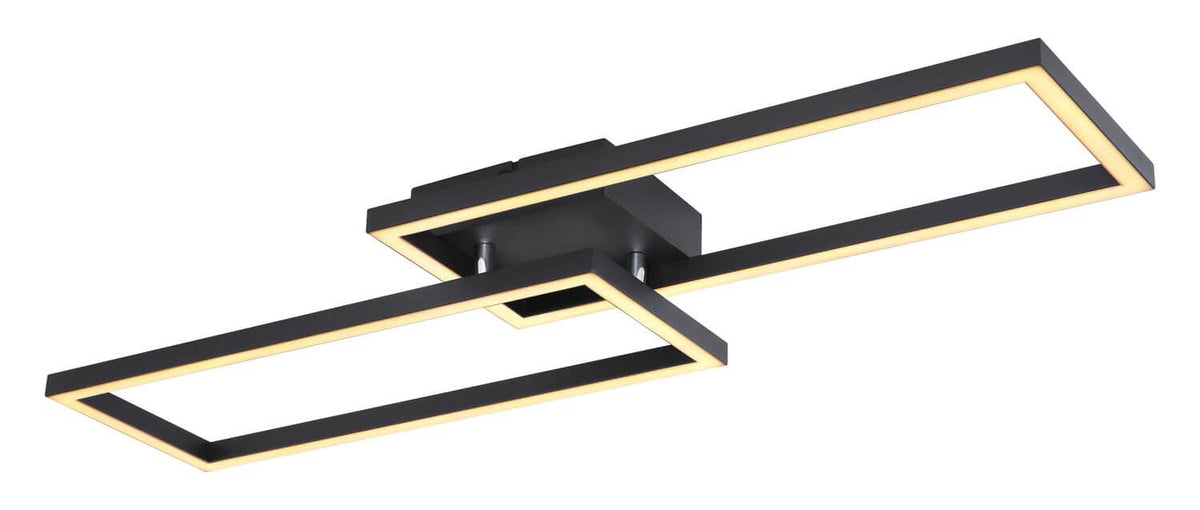 Plafonnier noir mat allumé, lumière chaude, deux rectangles imbriqués sur fond blanc.