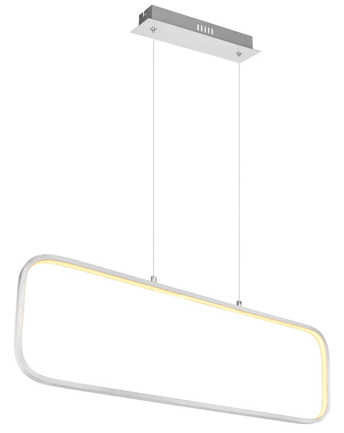 Vue de face du luminaire suspendu au cadre rectangulaire aux angles arrondis
