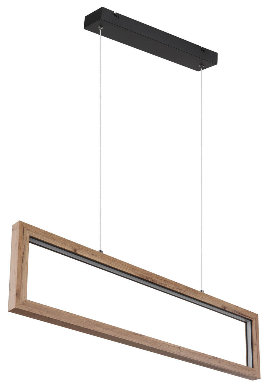 Produit suspendu vu de trois quarts arrière, structure bois et diffuseur LED allumé.