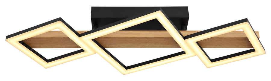 Face avant du luminaire design, trois carrés lumineux reliés par une structure en bois.
