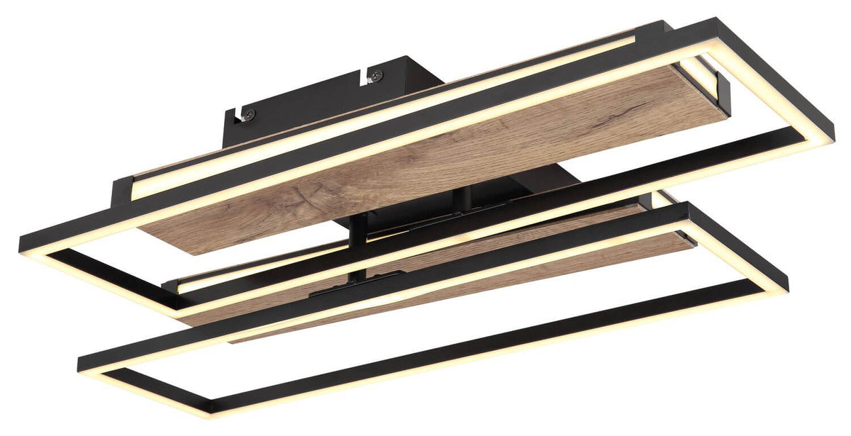 Vue rapprochée du luminaire aux cadres rectangulaires superposés, bois clair et métal noir.