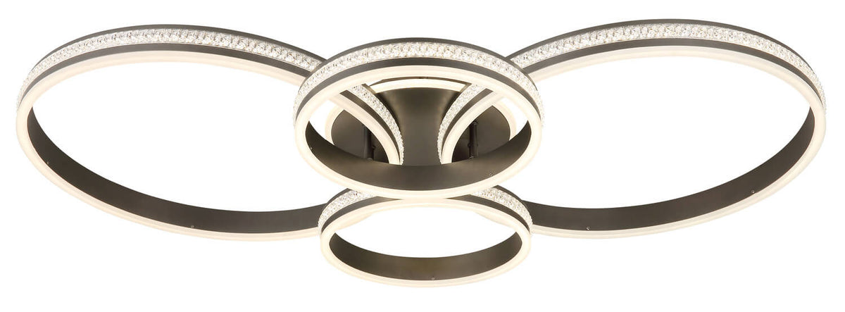 Vue rapprochée du luminaire éteint, strass scintillants sur les anneaux et finition gris foncé.