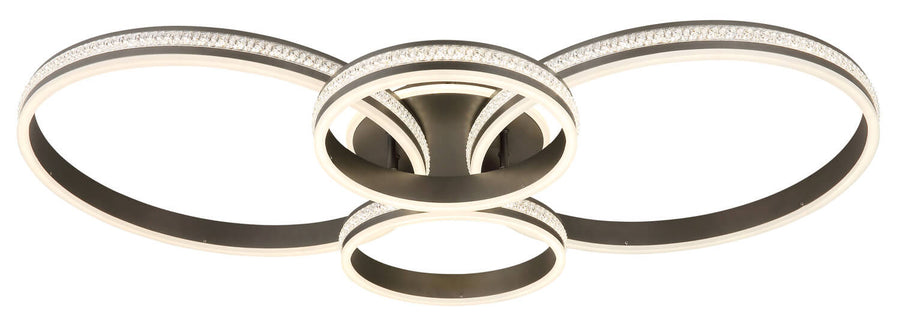 Vue rapprochée du luminaire éteint, strass scintillants sur les anneaux et finition gris foncé.