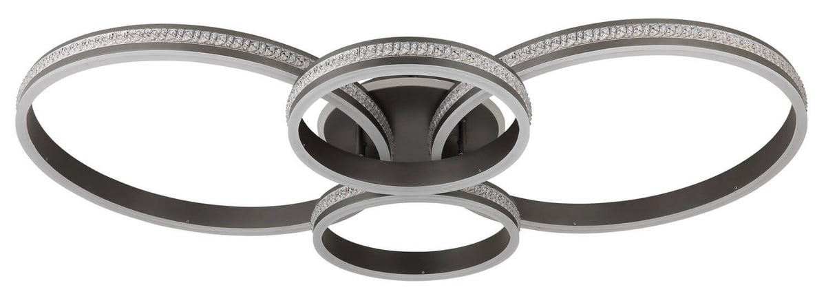 Vue frontale du plafonnier aux anneaux anthracite et bandeau de strass, éteint.