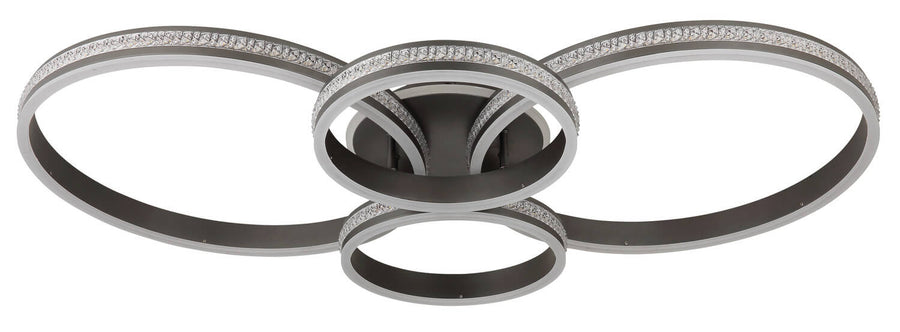 Vue frontale du plafonnier aux anneaux anthracite et bandeau de strass, éteint.
