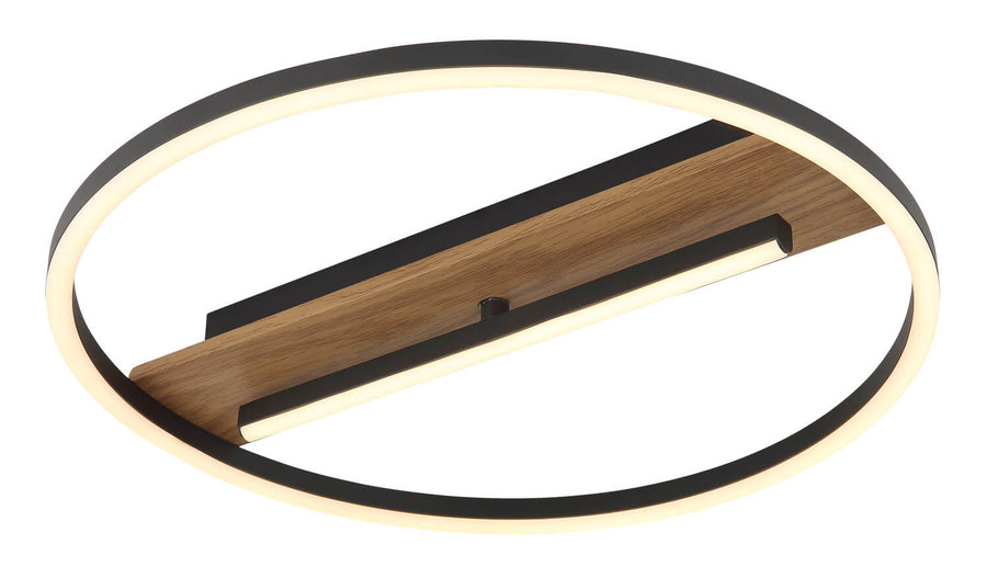 Vue rapprochée du cerclage noir et de la finition bois du luminaire