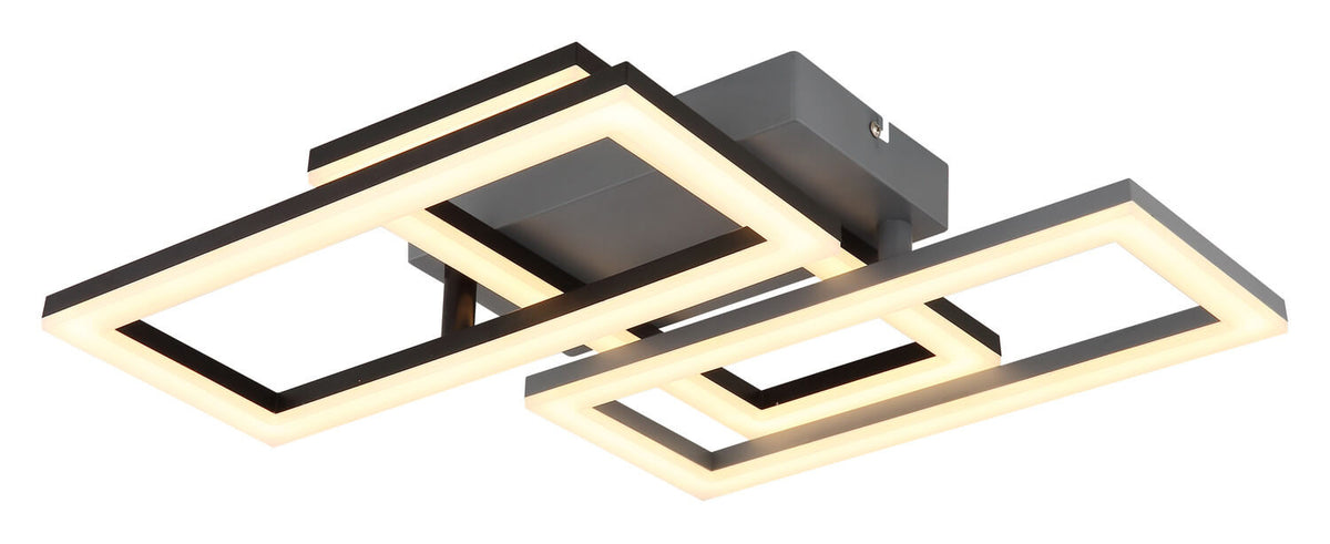 Vue par dessous des modules rectangulaires entrecroisés avec éclairage LED intégré.