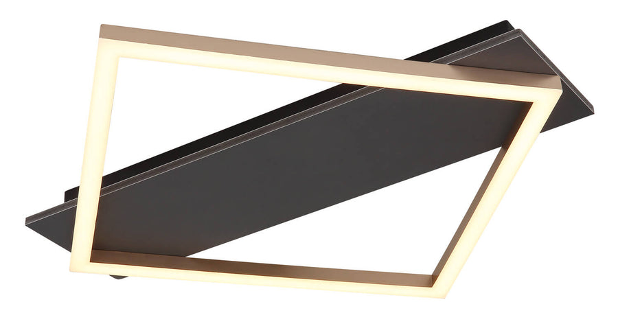 Vue rapprochée du luminaire noir et de son cadre carré éclairé en lumière chaude.