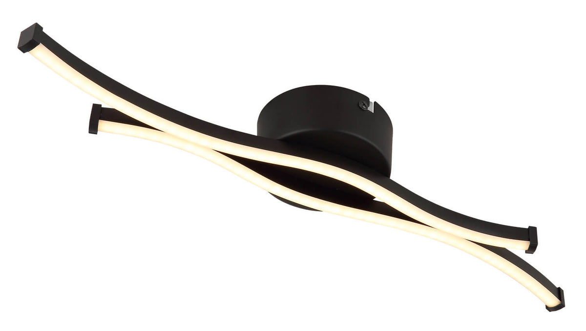 Vue rapprochée du plafonnier noir mat, détails des bandes lumineuses LED et de la finition.