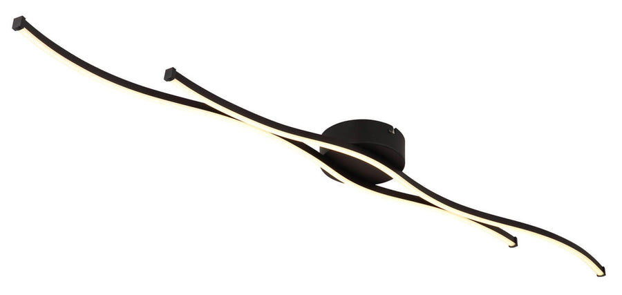 Vue rapprochée du luminaire noir, montrant les bras ondulés et la base centrale circulaire.