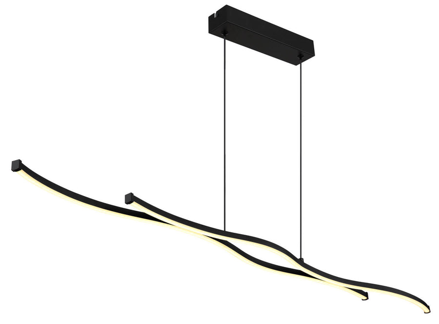 Profil du luminaire suspendu montrant les câbles fins et les diffuseurs lumineux des rubans.