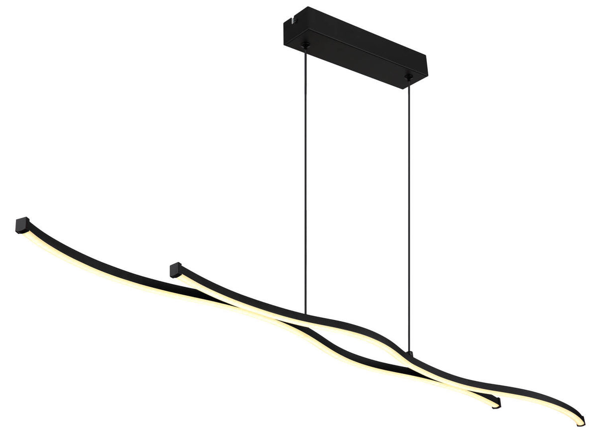 Profil du luminaire suspendu montrant les câbles fins et les diffuseurs lumineux des rubans.
