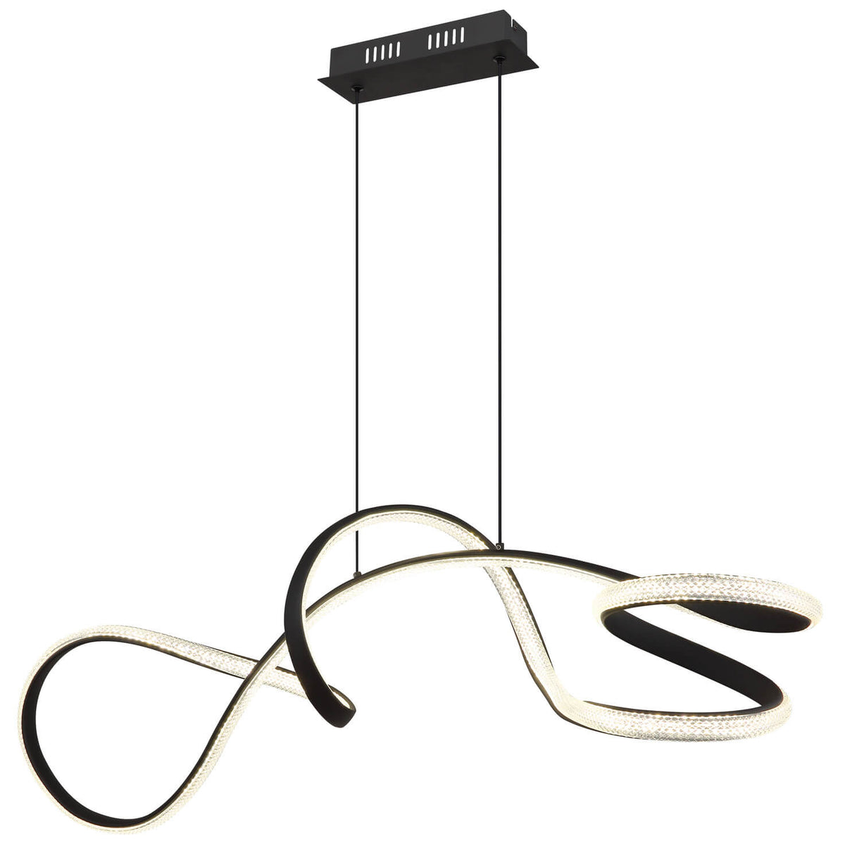 Suspension noire mat en spirale, vue de face sur fond blanc