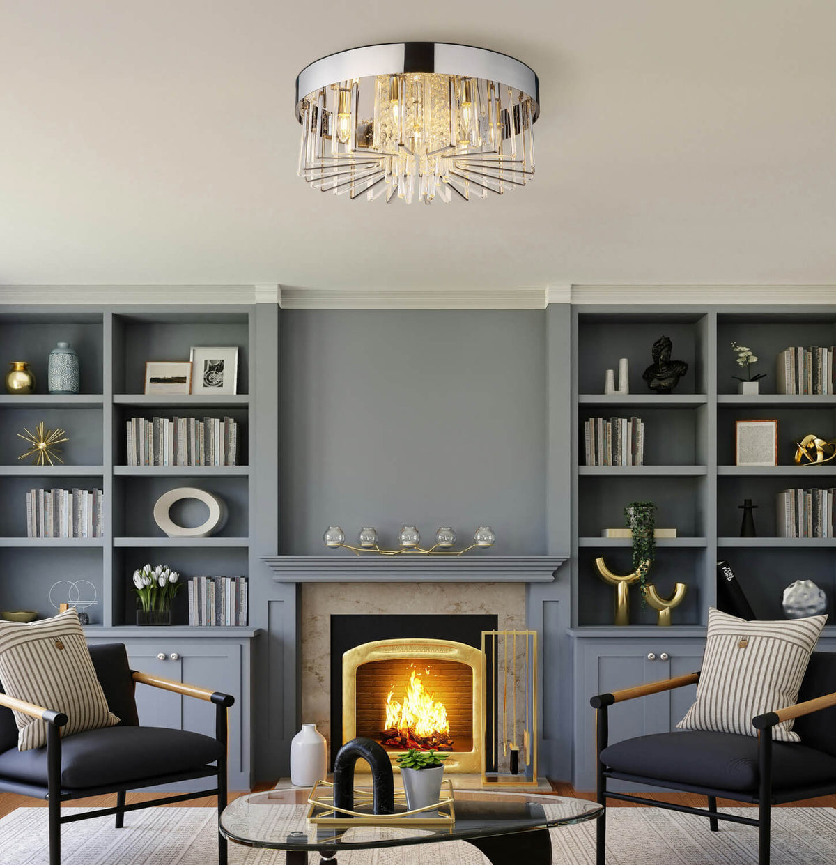 Mise en ambiance du plafonnier allumé au plafond d'un salon gris