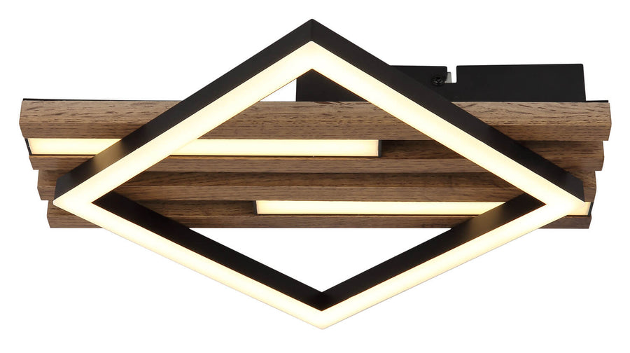 Vue de face en losange, LED allumée, structure bois et métal noir mat