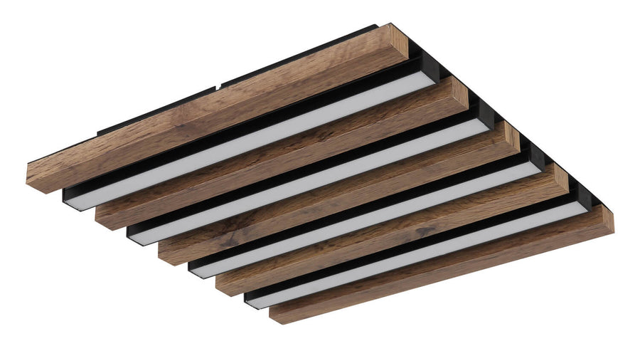 Luminaire éteint vu de trois quarts, diffuseurs blancs entre les lattes de bois