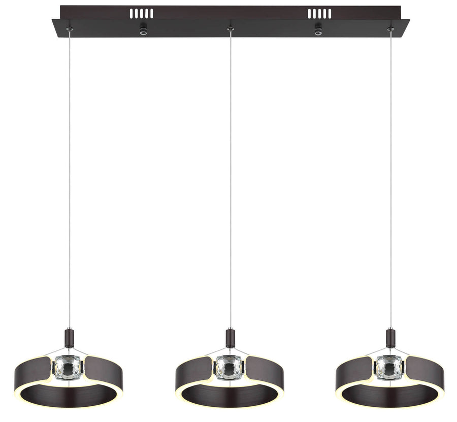 Suspension allumée, halo lumineux sous les anneaux, finition bronze foncé