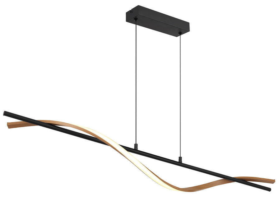 Autre angle du luminaire avec barre noire croisant le ruban bois éclairé.