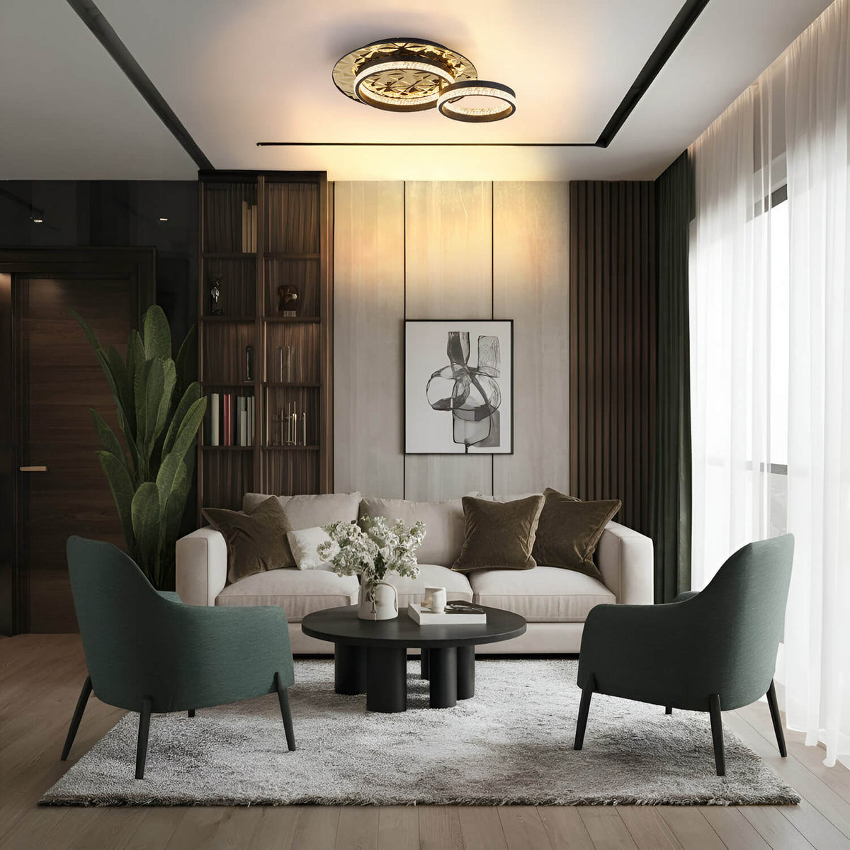 Mise en ambiance du plafonnier au plafond dans un salon moderne avec canapé beige.