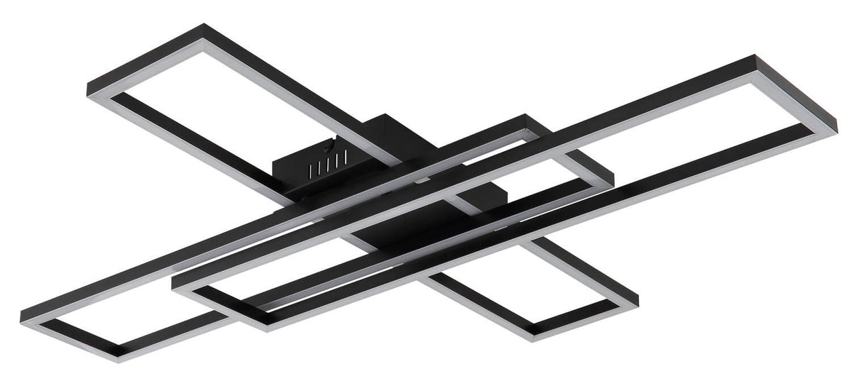 Plafonnier éteint, gros plan sur la structure noire aux rectangles entrecroisés