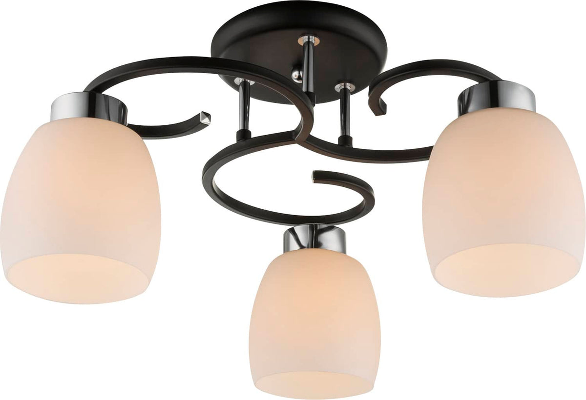Gros plan sur les bras courbés noirs et les douilles chromées du luminaire