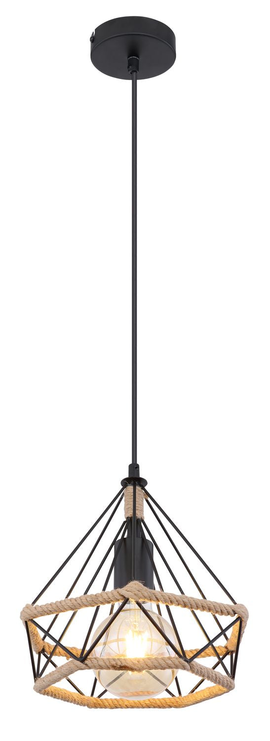 Vue de profil du luminaire suspendu avec longue tige et rosace plafond