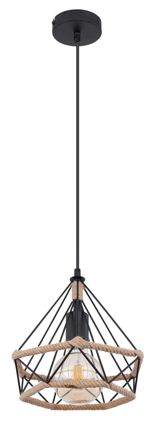 Suspension complète sur fond blanc, corde et ampoule bien visibles