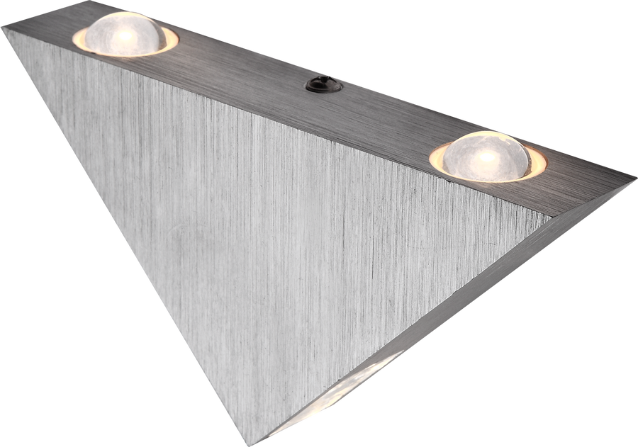 Vue rapprochée du boîtier triangulaire en aluminium avec deux verres bombés.
