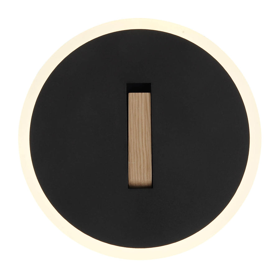 Vue frontale de l'applique ronde noire avec insert en bois vertical et liseré lumineux blanc.
