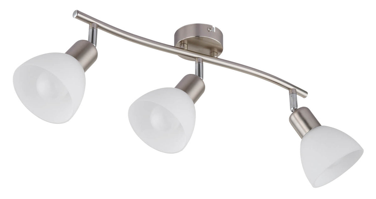 Produit présenté de trois quarts, verres blancs éteints et structure métallique nickel.
