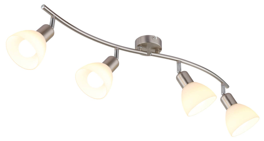Vue en angle du luminaire quatre projecteurs et diffuseurs opalins