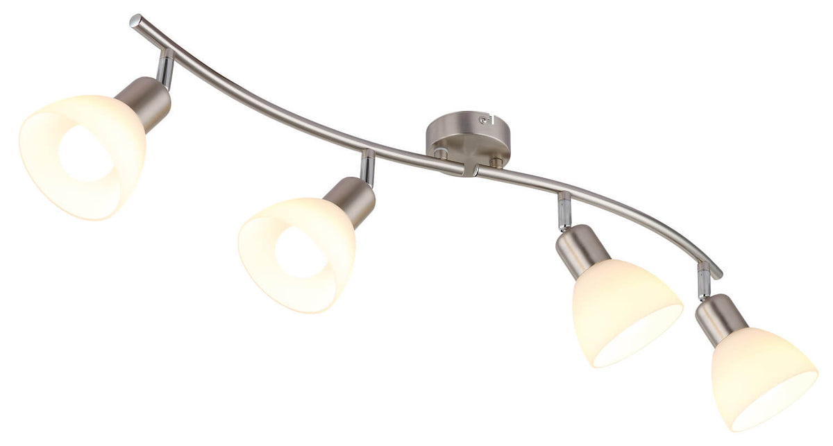 Vue en angle du luminaire quatre projecteurs et diffuseurs opalins