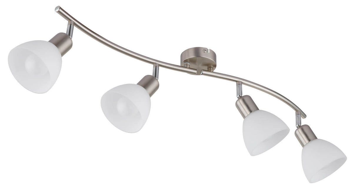 Vue de dessous du luminaire montrant les quatre diffuseurs en verre dépoli