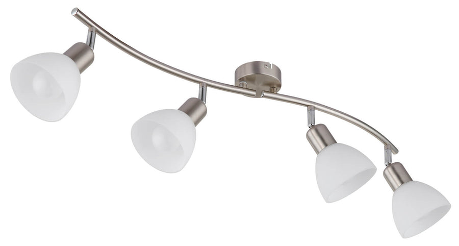 Vue de dessous du luminaire montrant les quatre diffuseurs en verre dépoli