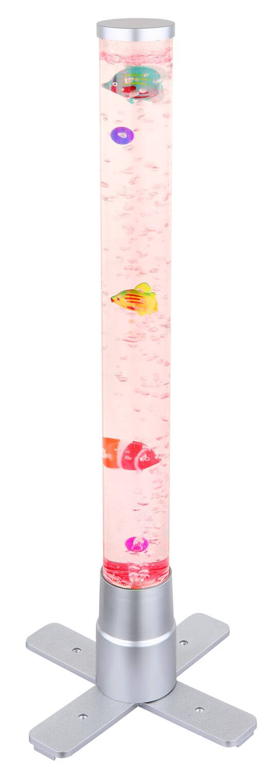 Vue de face du tube lumineux rose avec ses poissons et sa base argentée