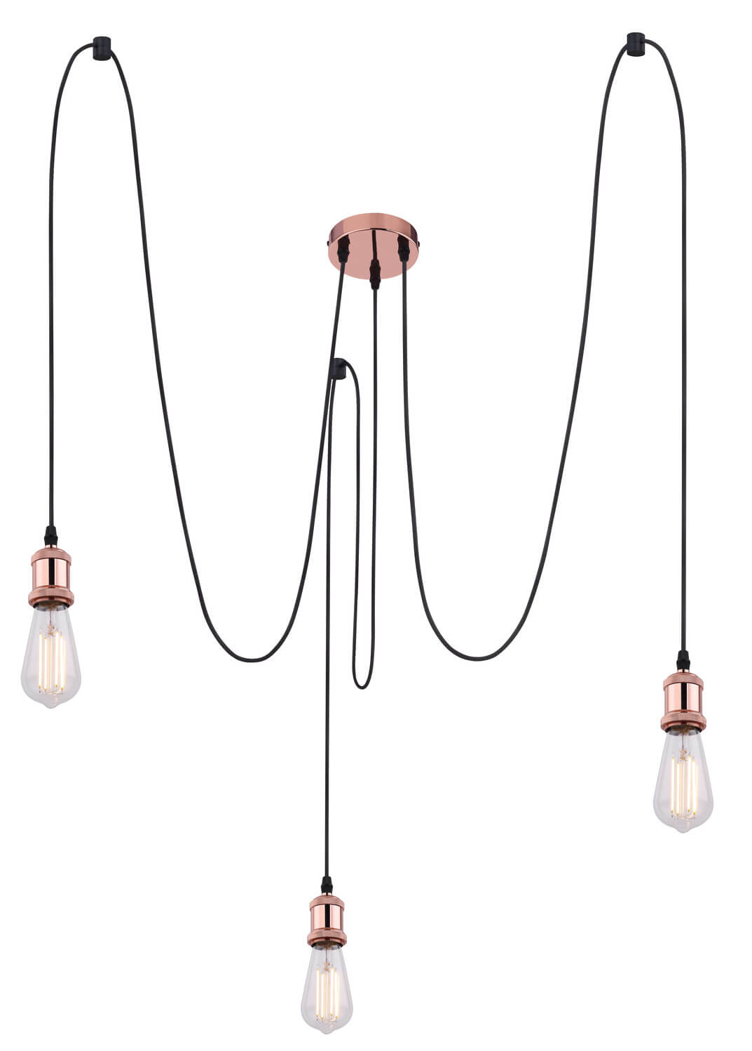 Vue de face du luminaire suspendu avec trois points lumineux et câbles noirs