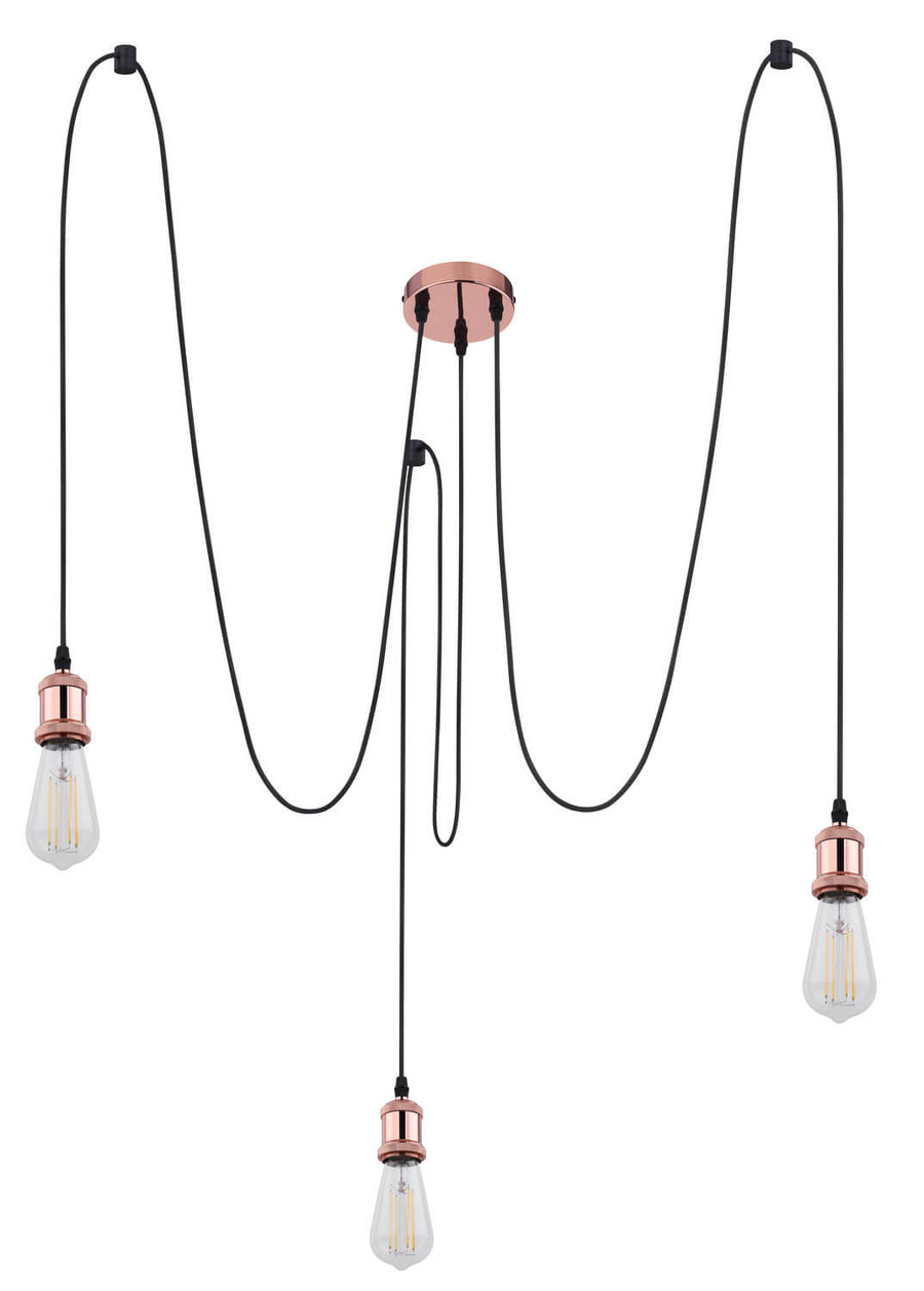 Plan large de la suspension à trois lumières, câbles noirs et finitions cuivrées