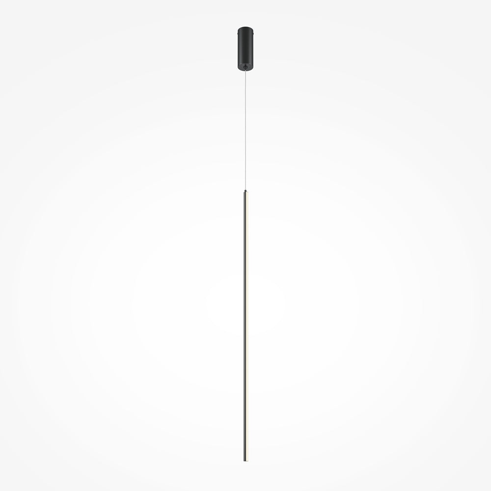 Vue de face du luminaire suspendu noir, longue tige verticale très fine sous câble