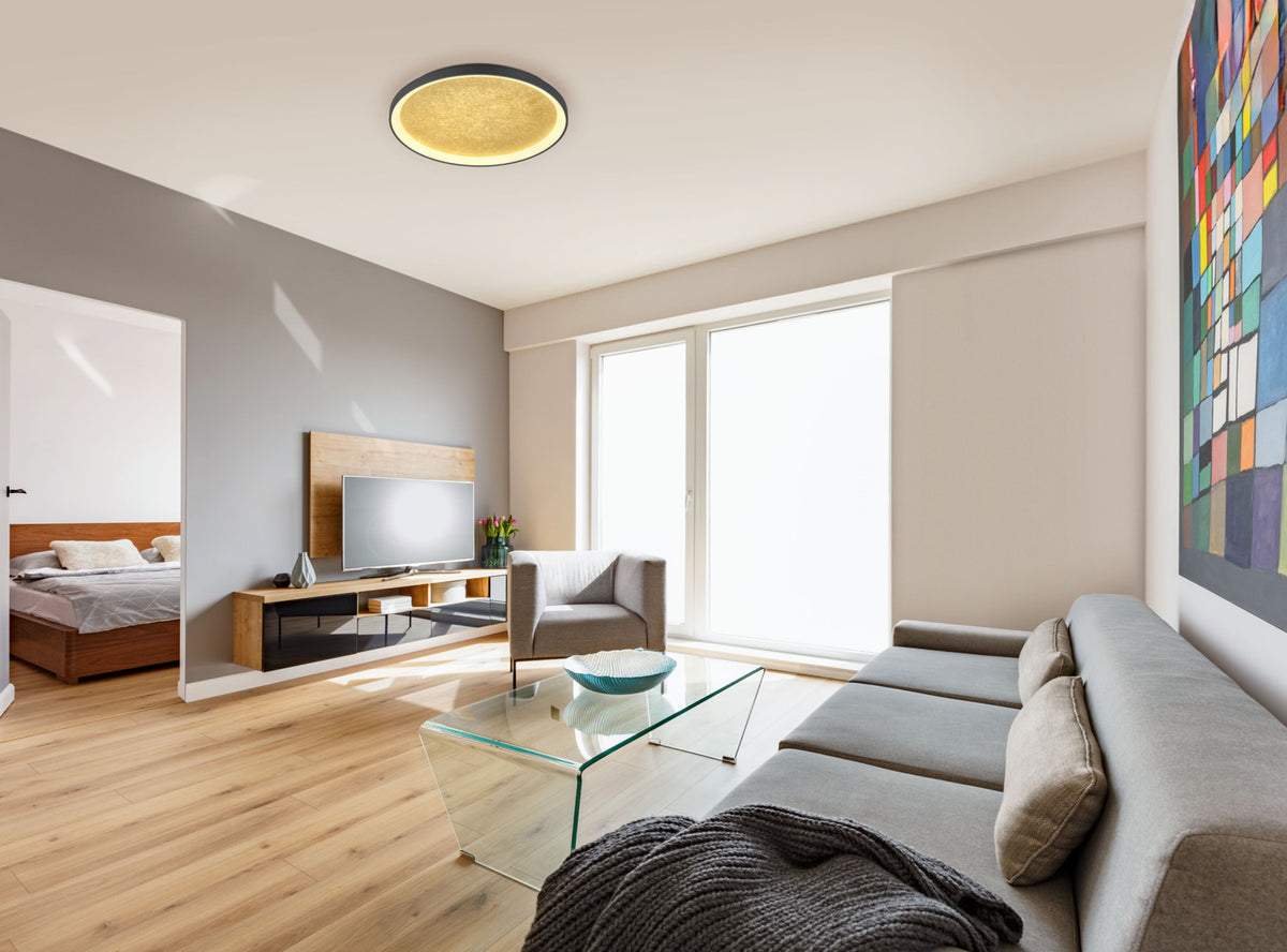 Séjour contemporain avec le plafonnier rond intégré au plafond blanc