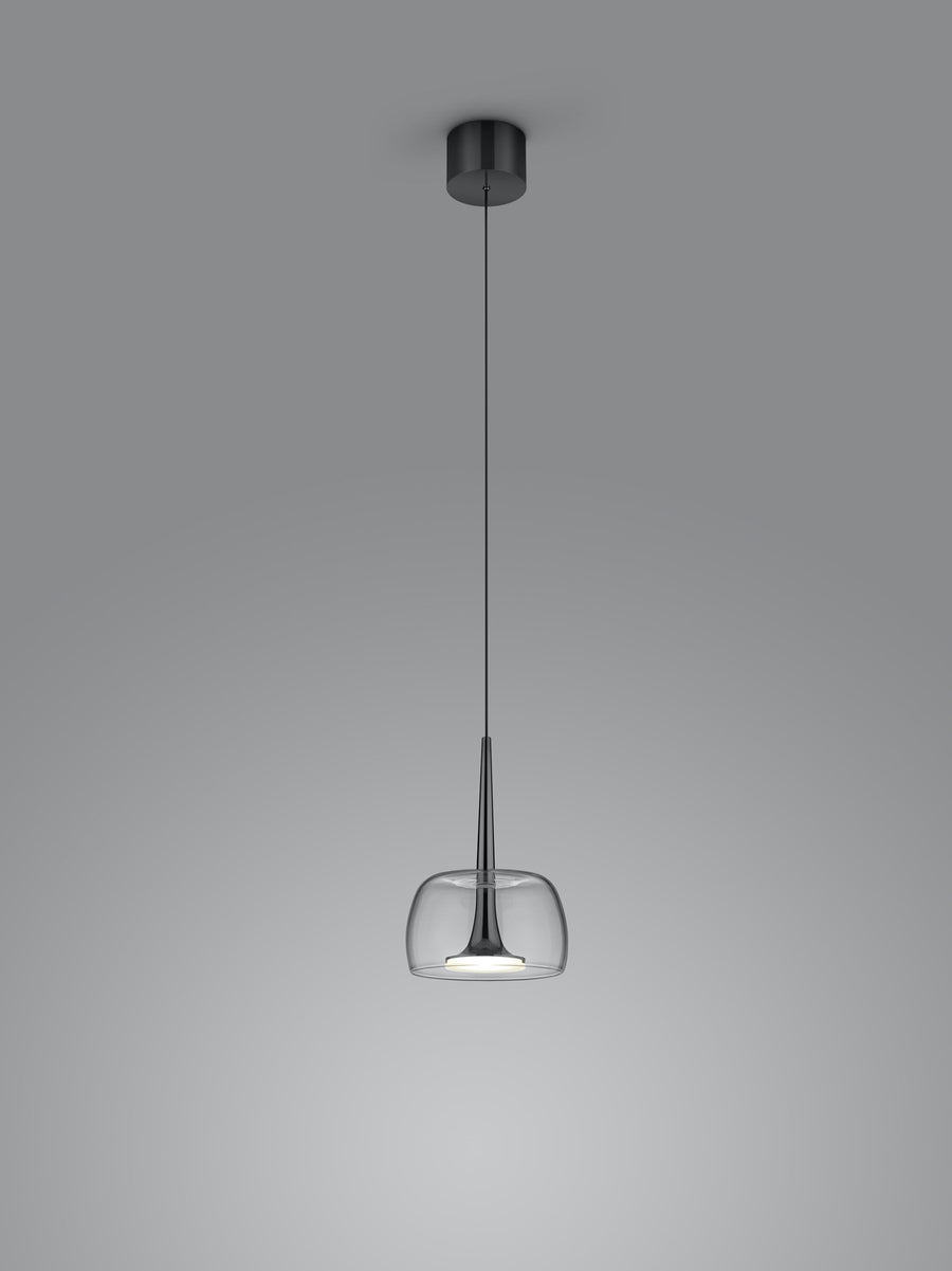 Suspension présentée avec son verre transparent, corps métallique noir et partie chromée