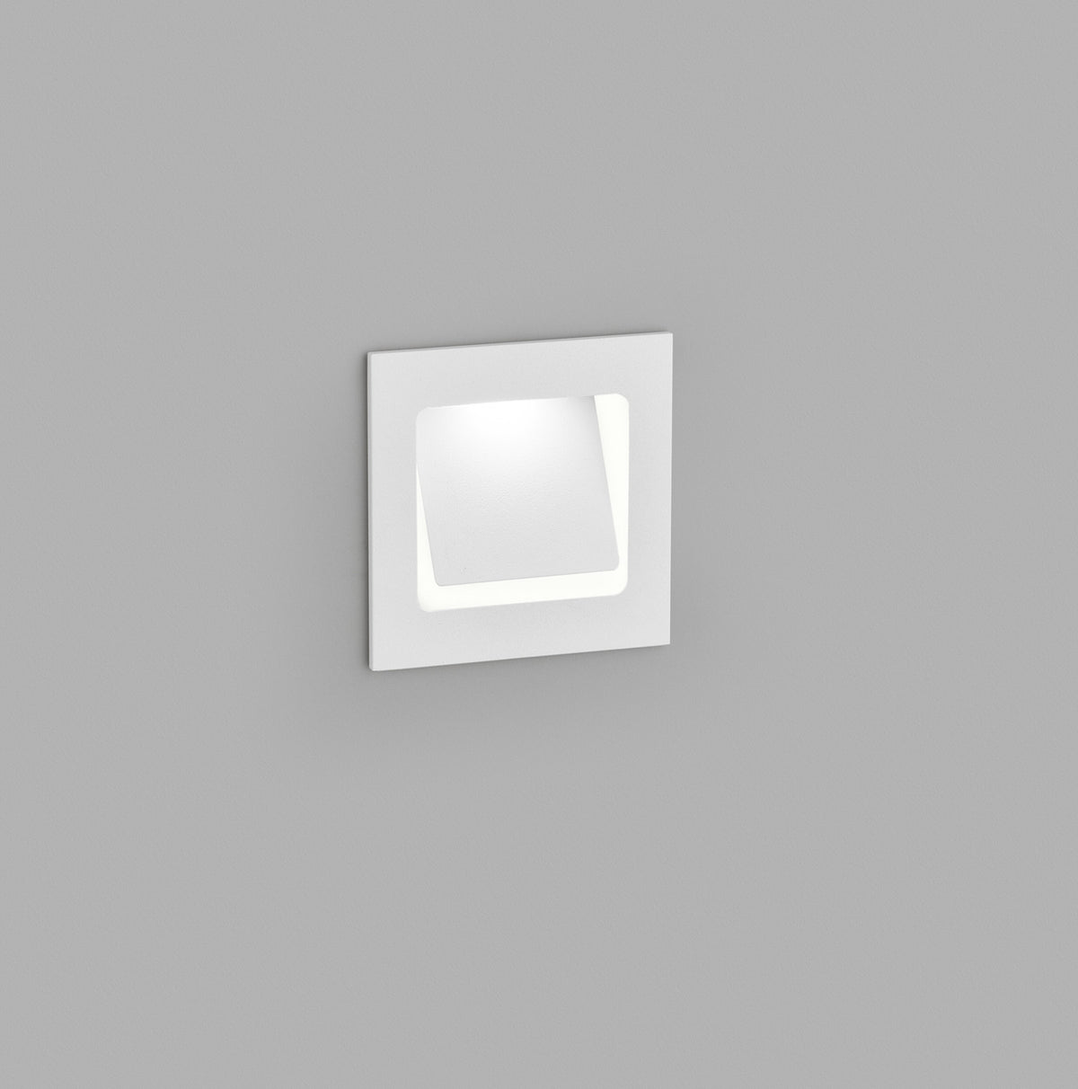Applique murale blanche carrée de face sur fond gris neutre, cadre lumineux allumé