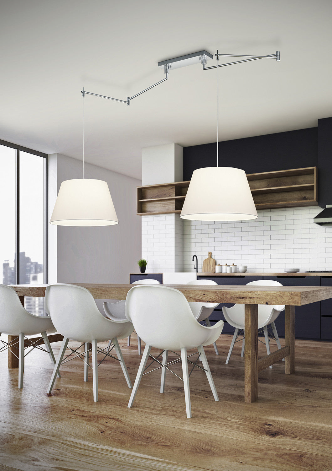 Mise en ambiance au-dessus d'une table de salle à manger dans une cuisine moderne