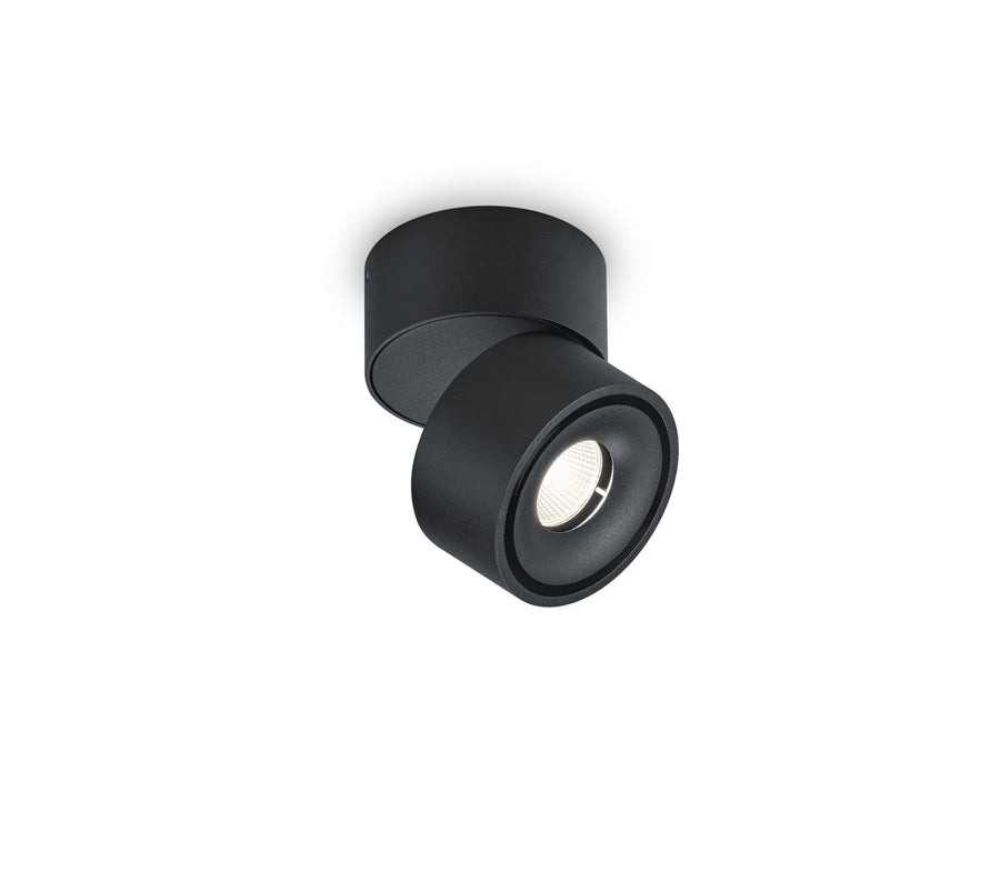 Plafonnier spot noir de face, cylindre orientable avec source LED apparente