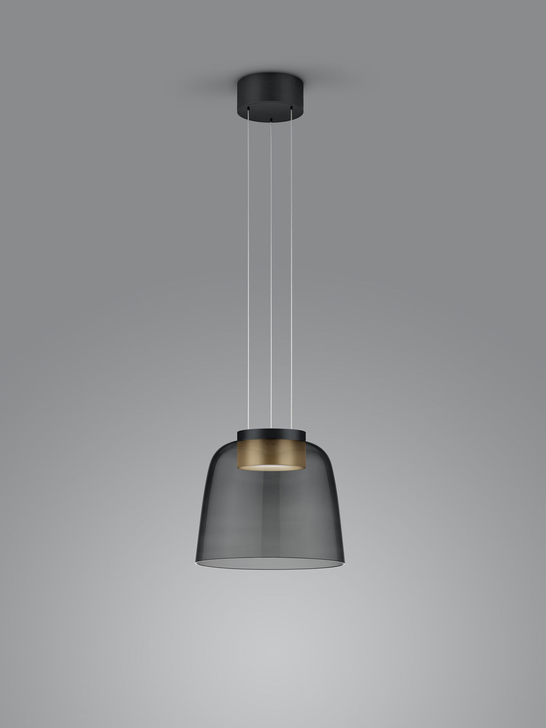 Autre vue du luminaire suspendu, abat-jour en verre fumé et câbles de suspension fins.